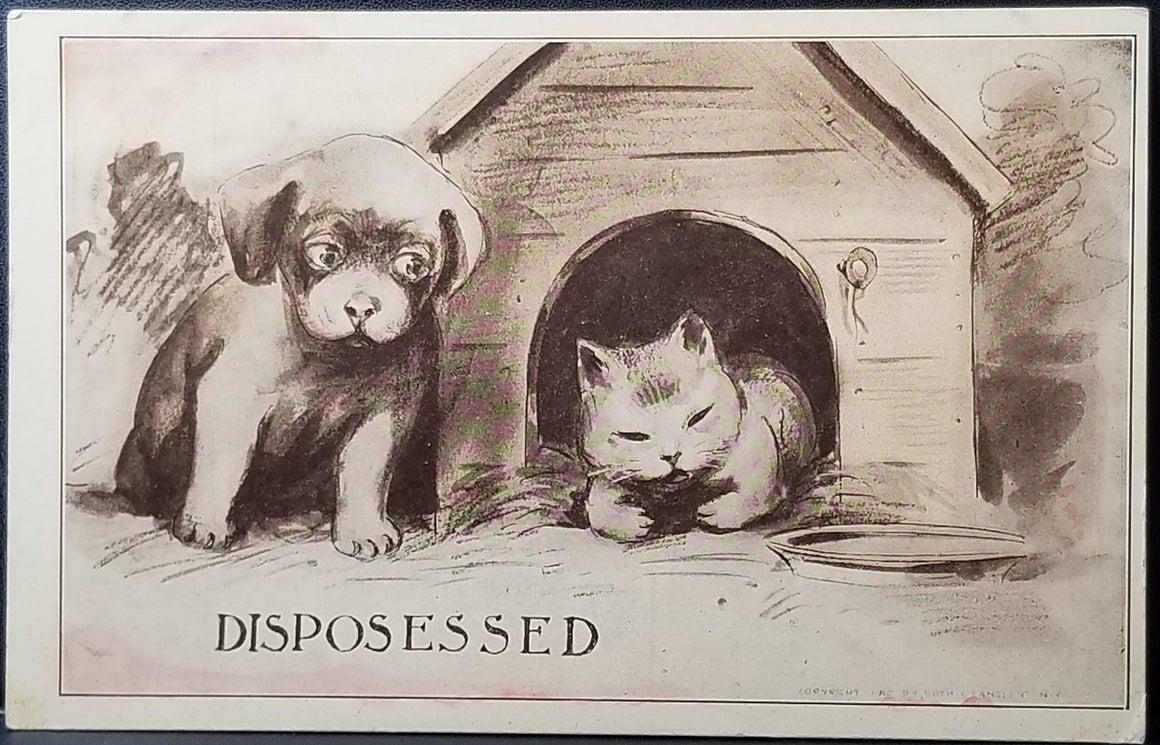 Monochromatic Drawn Cartoon Adorably Sweet Cat & Dog Sharing House Titled Dispossessed  Artist (Vincent) V. Colby