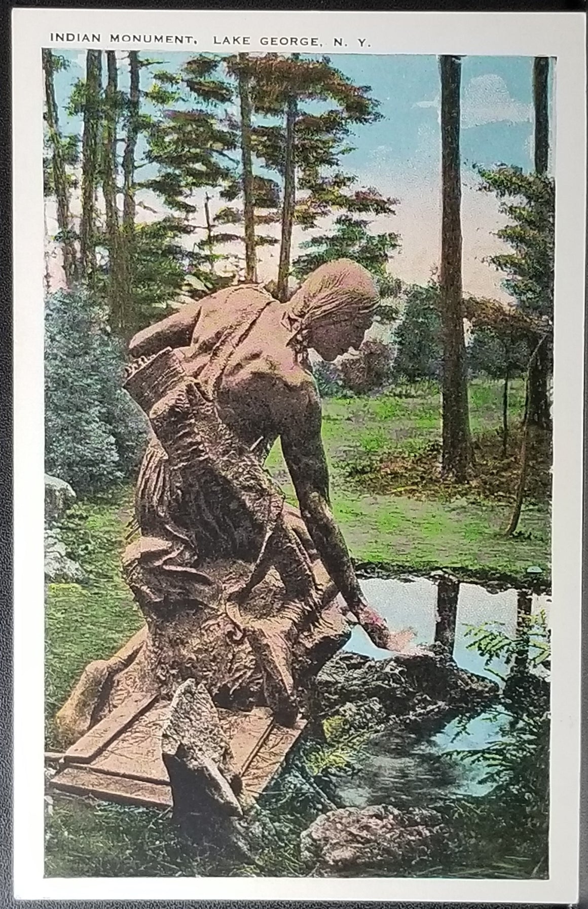 Lake George Adirondacks NY Postcard Statue of Native American Leading Indian Monument