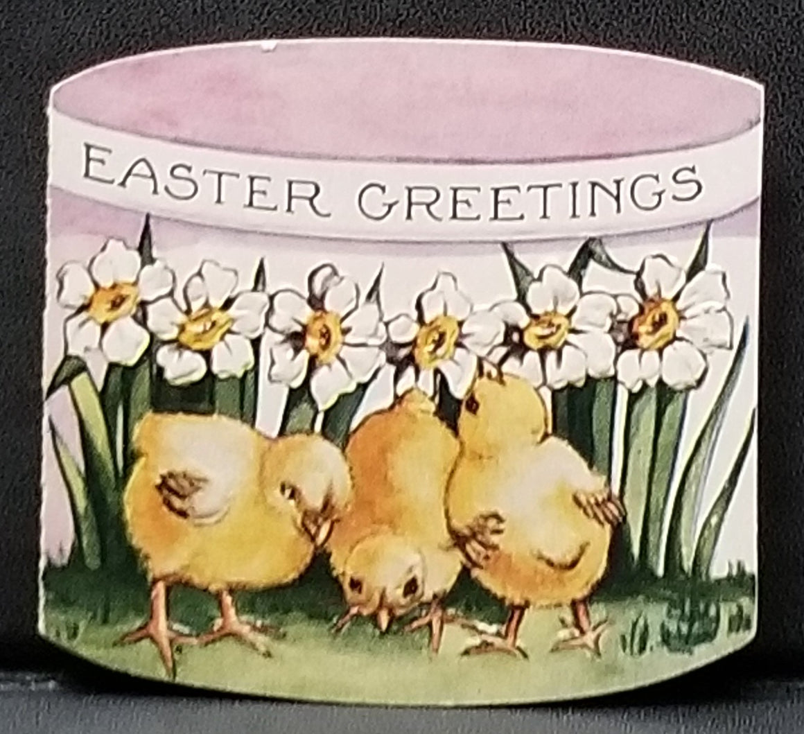 Easter Die Cut with Baby Ducks Smelling Daisies Mechanical Card Opens Into Hat