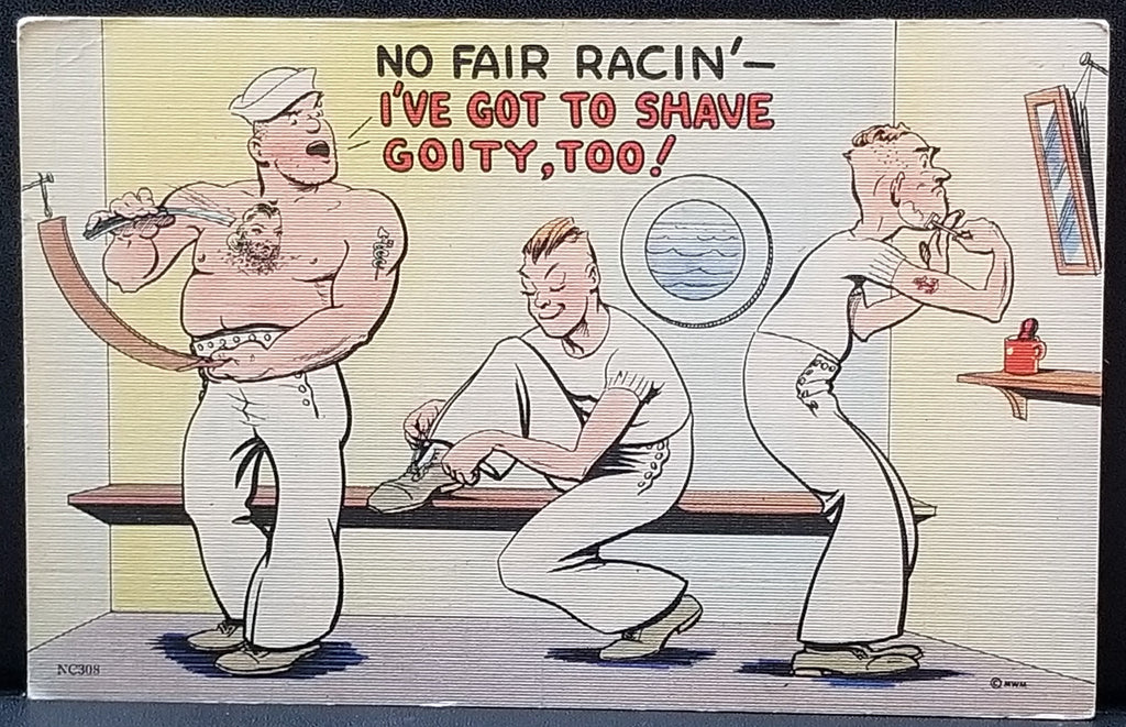 Comical Postcard WWII Linen Card Navy Men Shaving Race on Tattoos