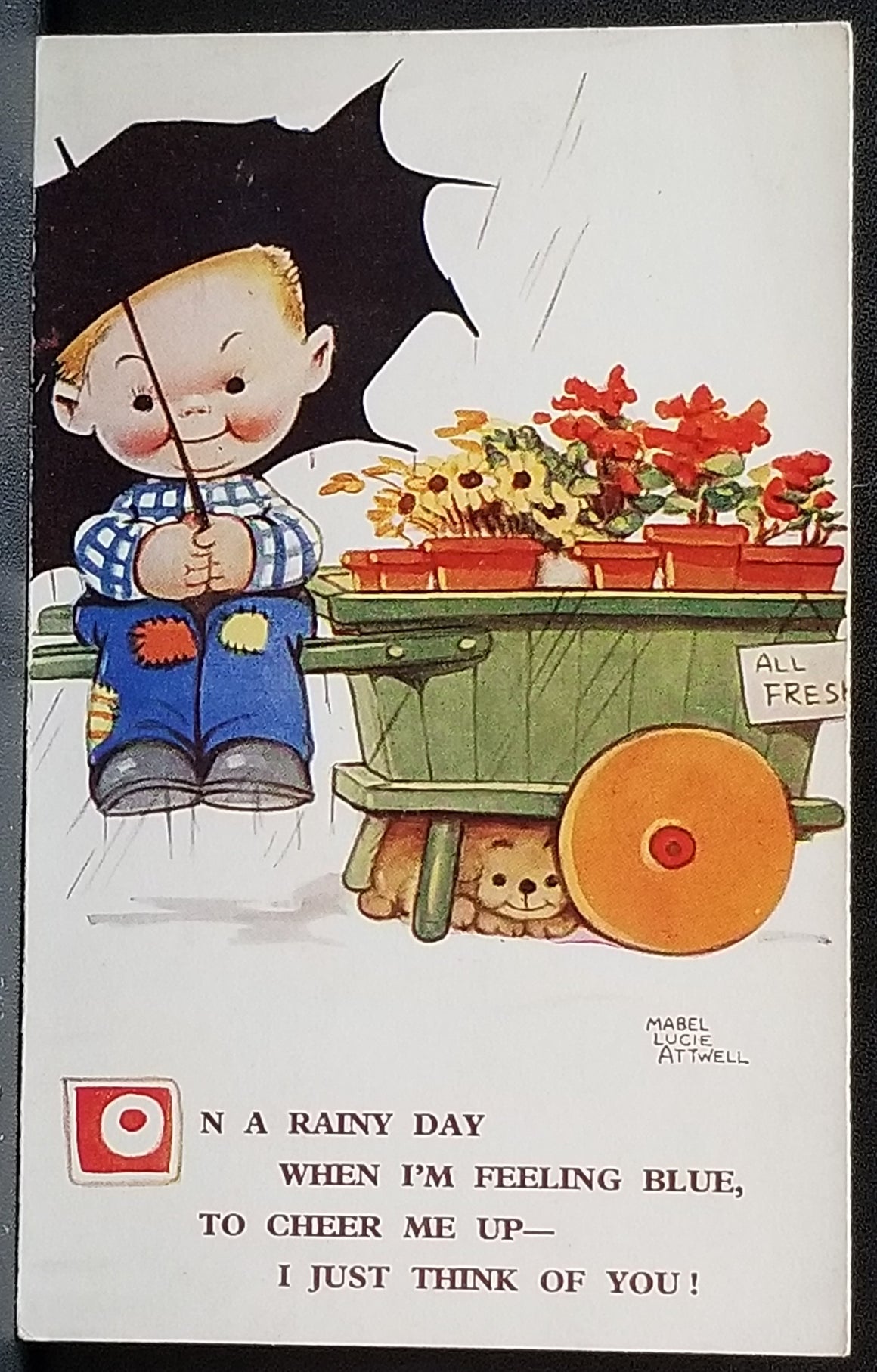 Valentine Postcard Mabel Attwell Little Boy Under Umbrella w/ Flowers for Sale & Puppy at Feet