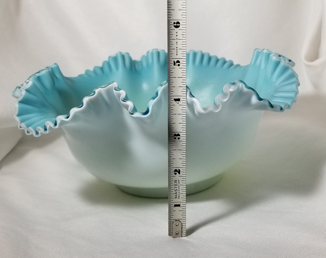 Victorian Cased Glass Crimped Brides Basket Bowl White Satin Exterior Teal Blue Green Interior