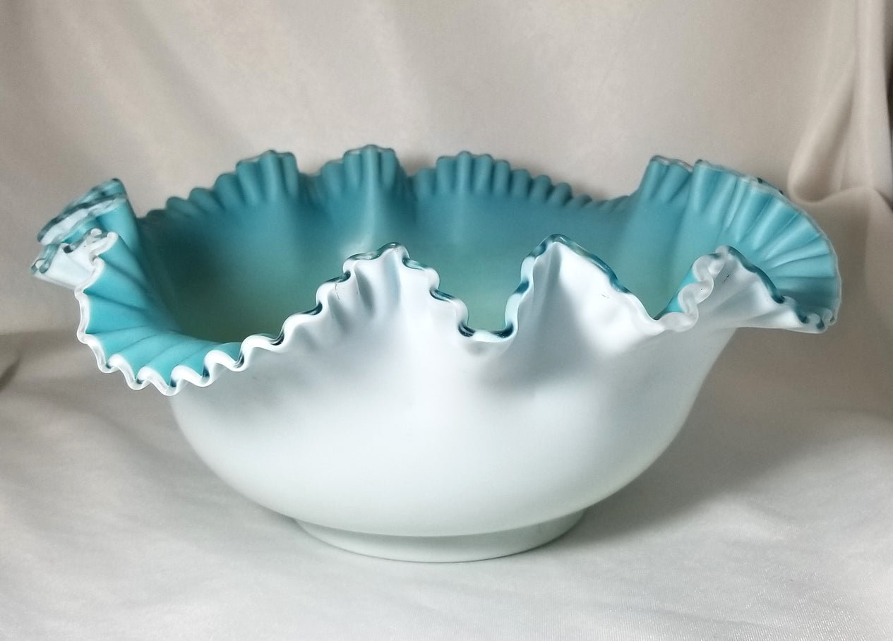 Victorian Cased Glass Crimped Brides Basket Bowl White Satin Exterior Teal Blue Green Interior