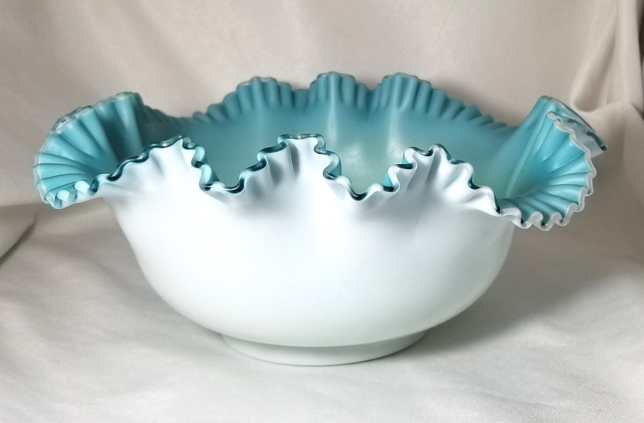 Victorian Cased Glass Crimped Brides Basket Bowl White Satin Exterior Teal Blue Green Interior