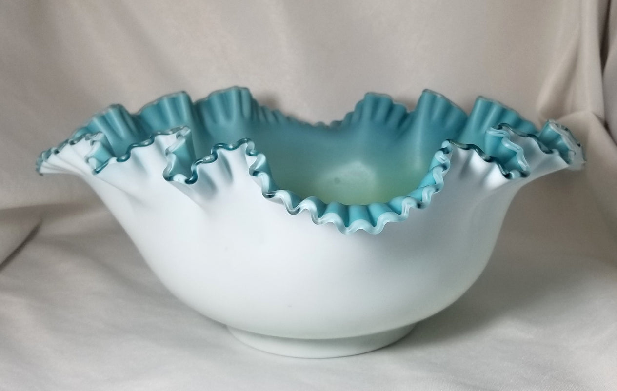 Victorian Cased Glass Crimped Brides Basket Bowl White Satin Exterior Teal Blue Green Interior