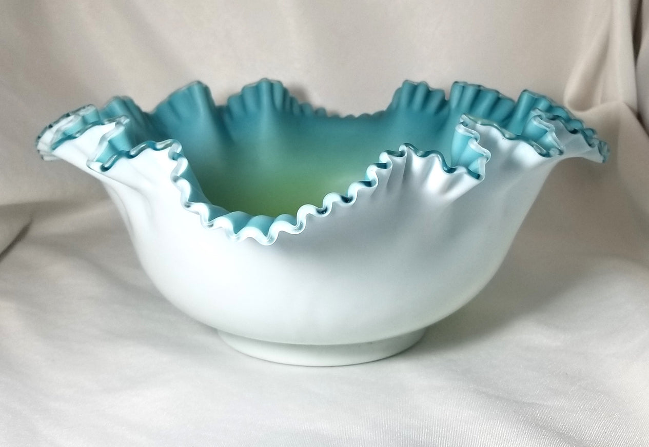 Victorian Cased Glass Crimped Brides Basket Bowl White Satin Exterior Teal Blue Green Interior
