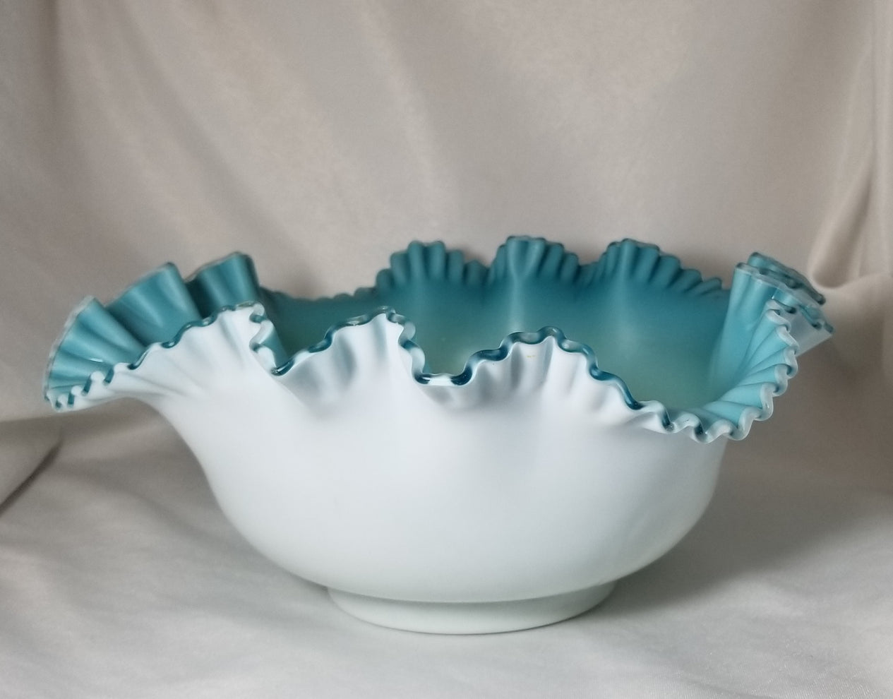 Victorian Cased Glass Crimped Brides Basket Bowl White Satin Exterior Teal Blue Green Interior