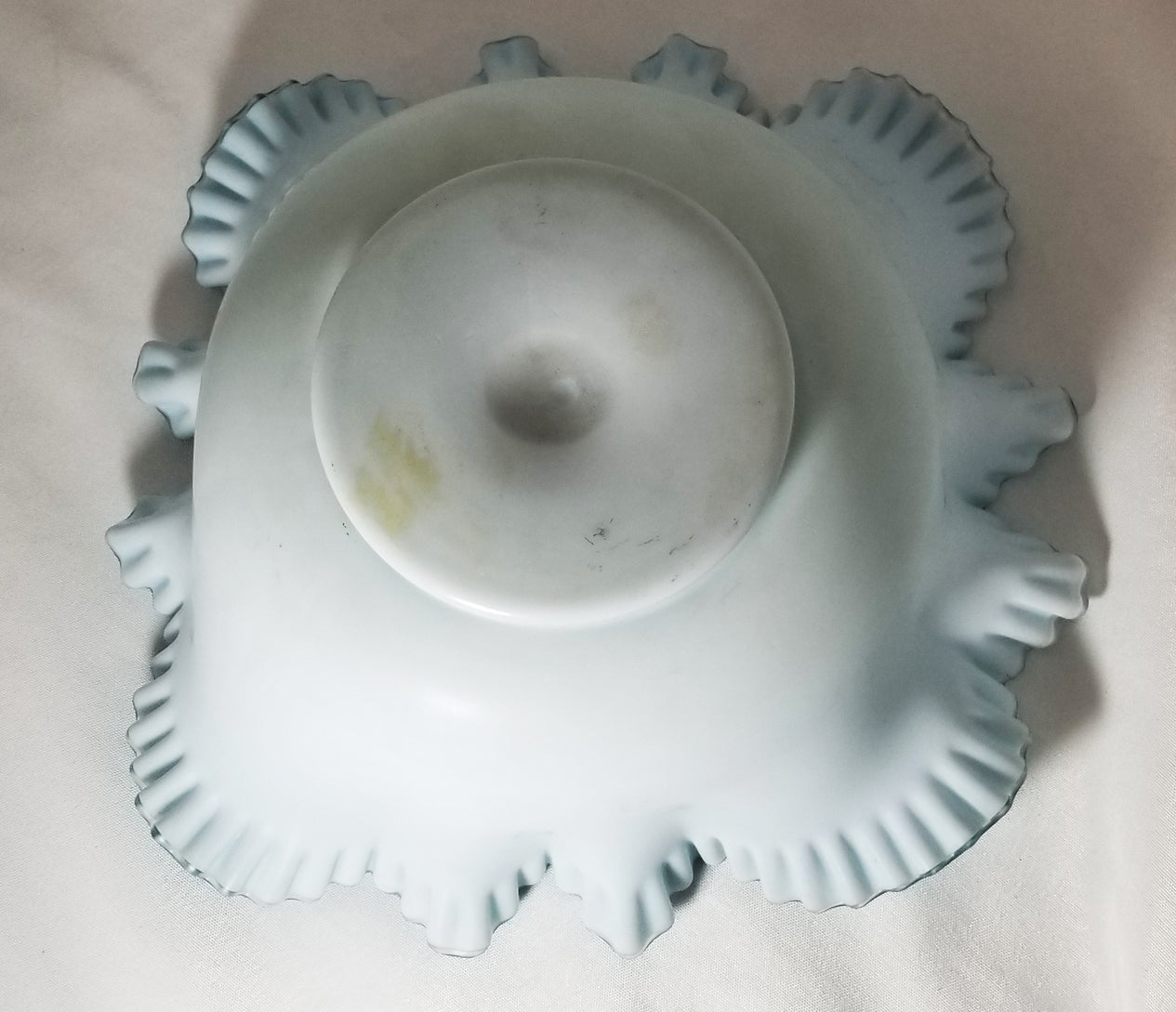 Victorian Cased Glass Crimped Brides Basket Bowl White Satin Exterior Teal Blue Green Interior
