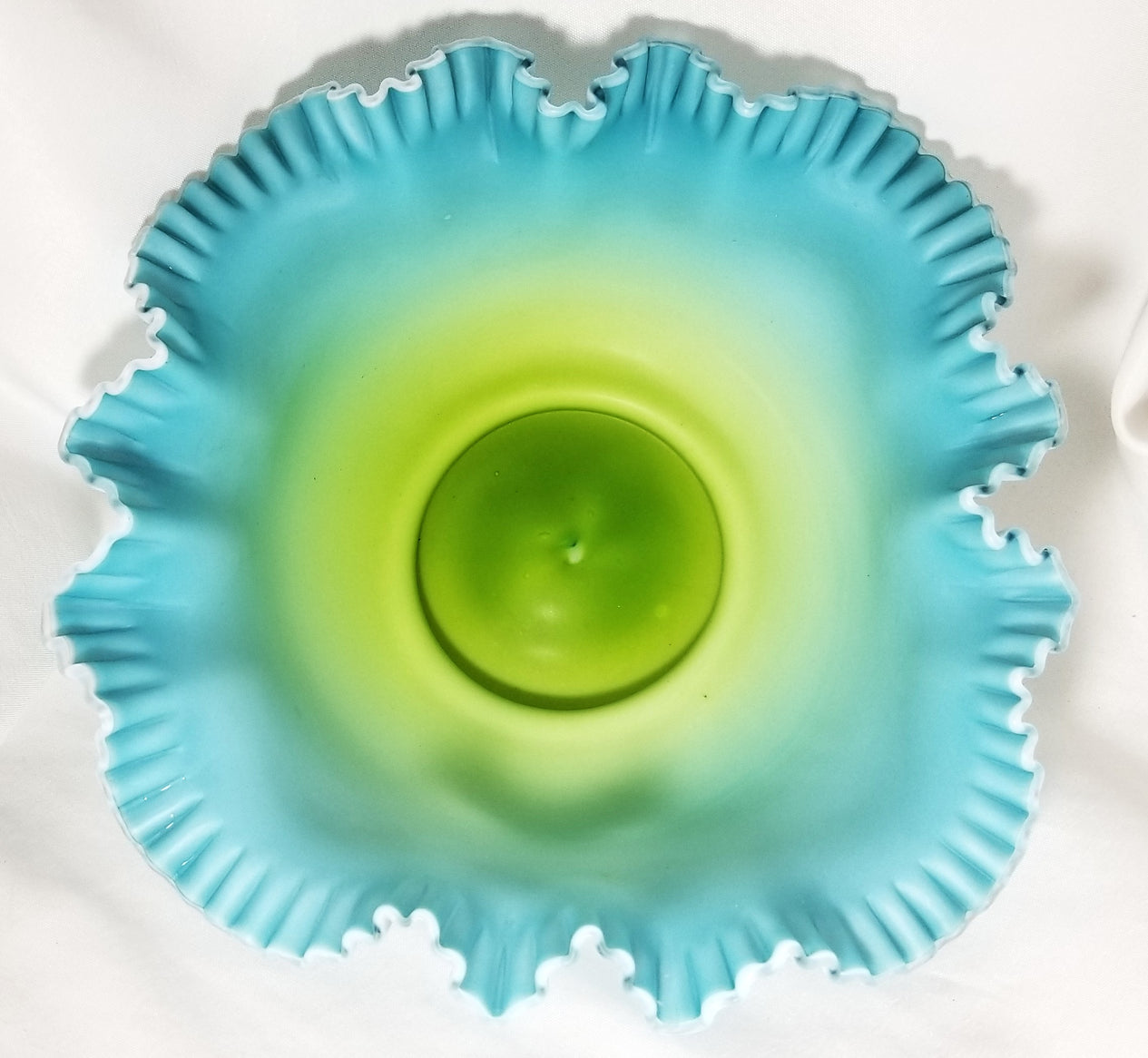 Victorian Cased Glass Crimped Brides Basket Bowl White Satin Exterior Teal Blue Green Interior