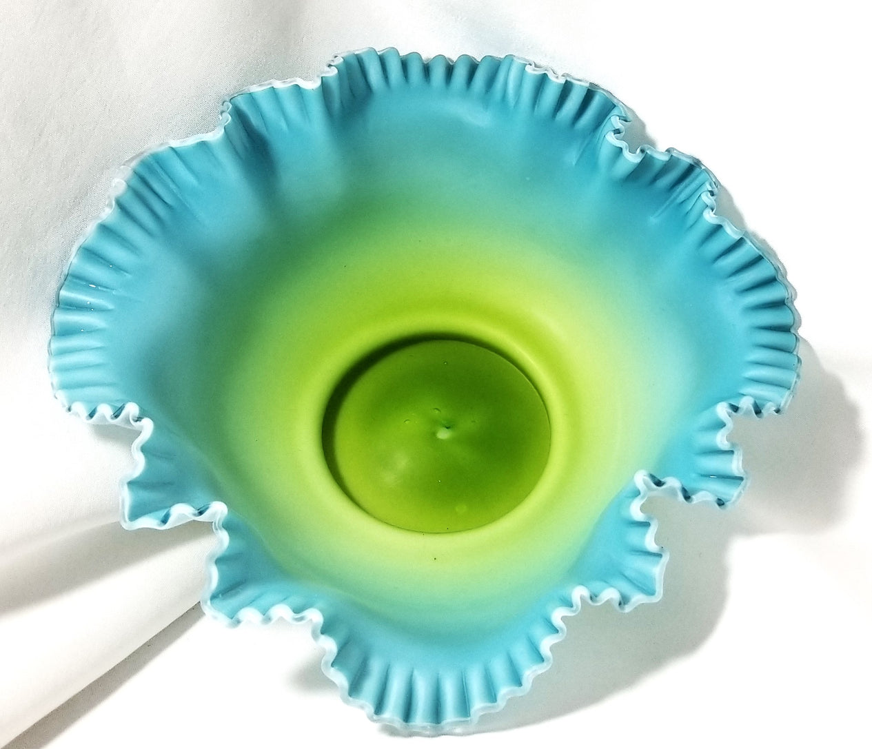 Victorian Cased Glass Crimped Brides Basket Bowl White Satin Exterior Teal Blue Green Interior