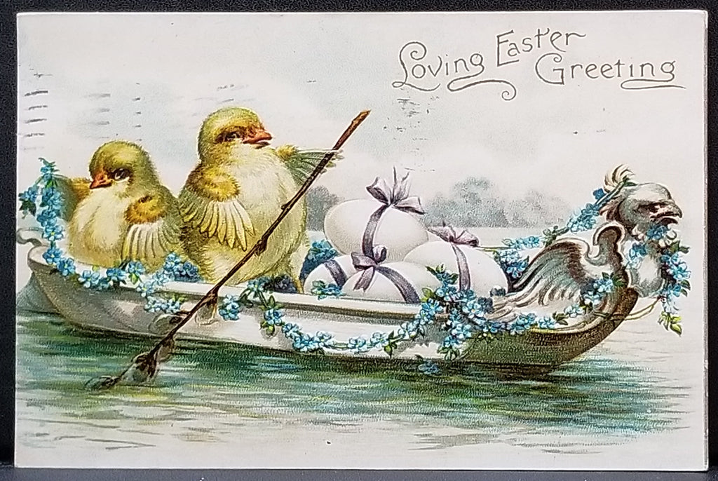 Easter Postcard Ellen Clapsaddle Anthropomorphic Baby Chicks Singing in Row Boat with Flowers