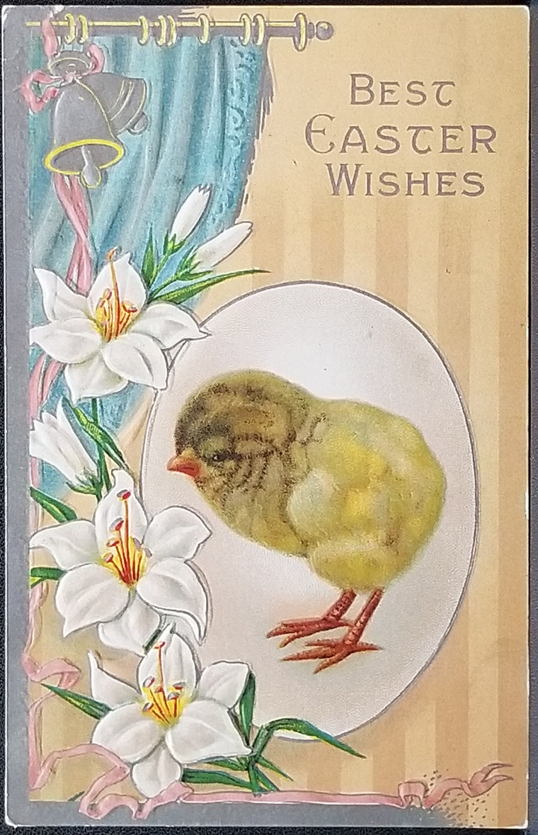 Easter Postcard Series 317 Baby Chick with Embossed Flowers Silver Bells