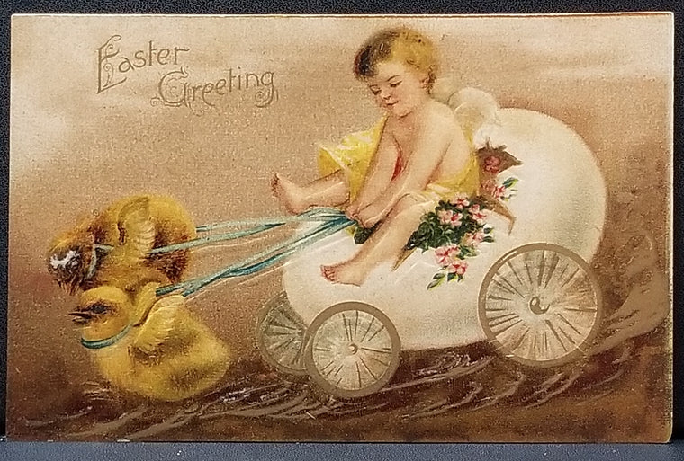 Easter Postcard Baby Riding Egg Wagon Pulled By Baby Chicks IAP Pub