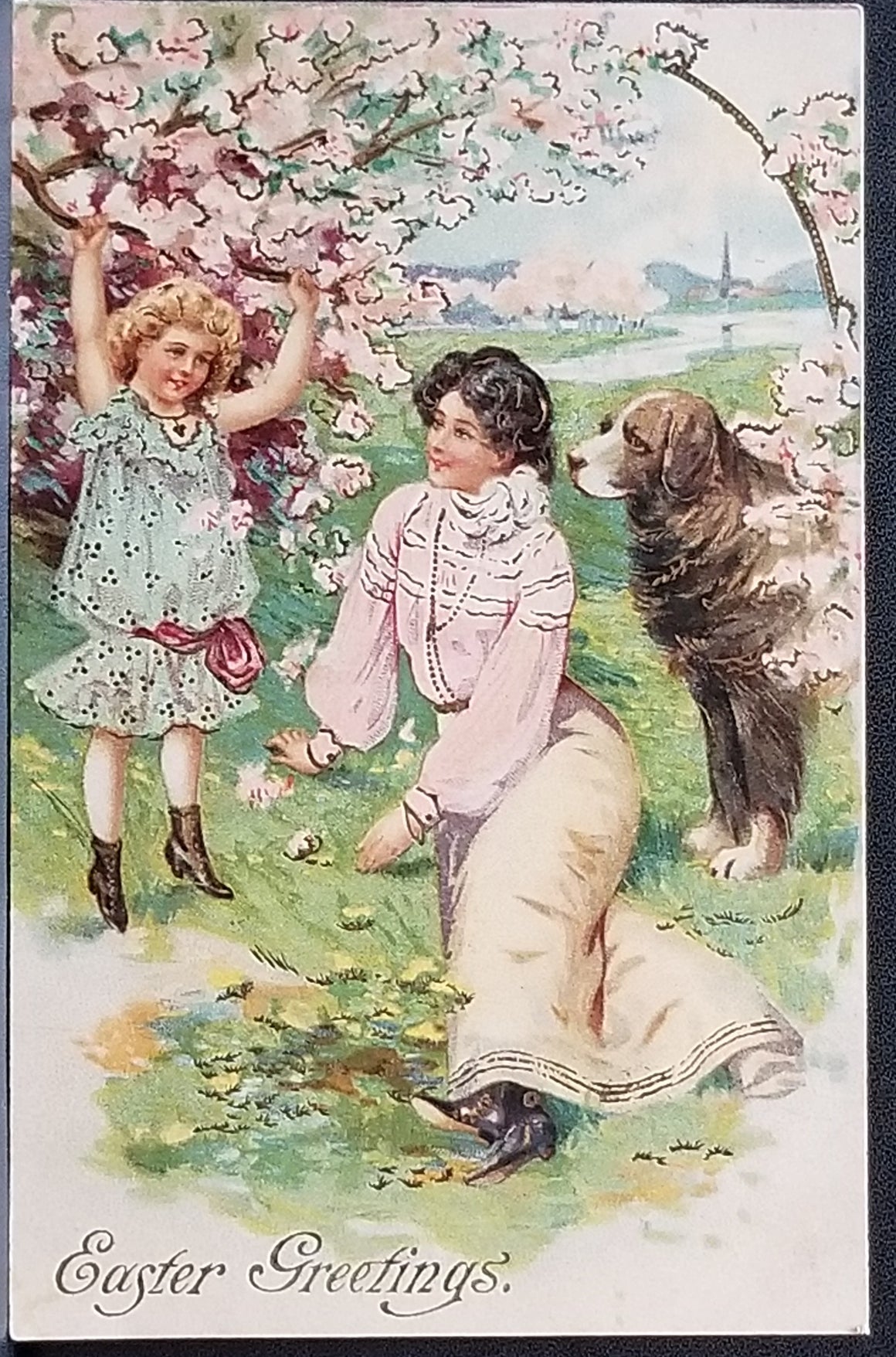 Easter Postcard Mother and Child with Dog Under Cherry Blossoms
