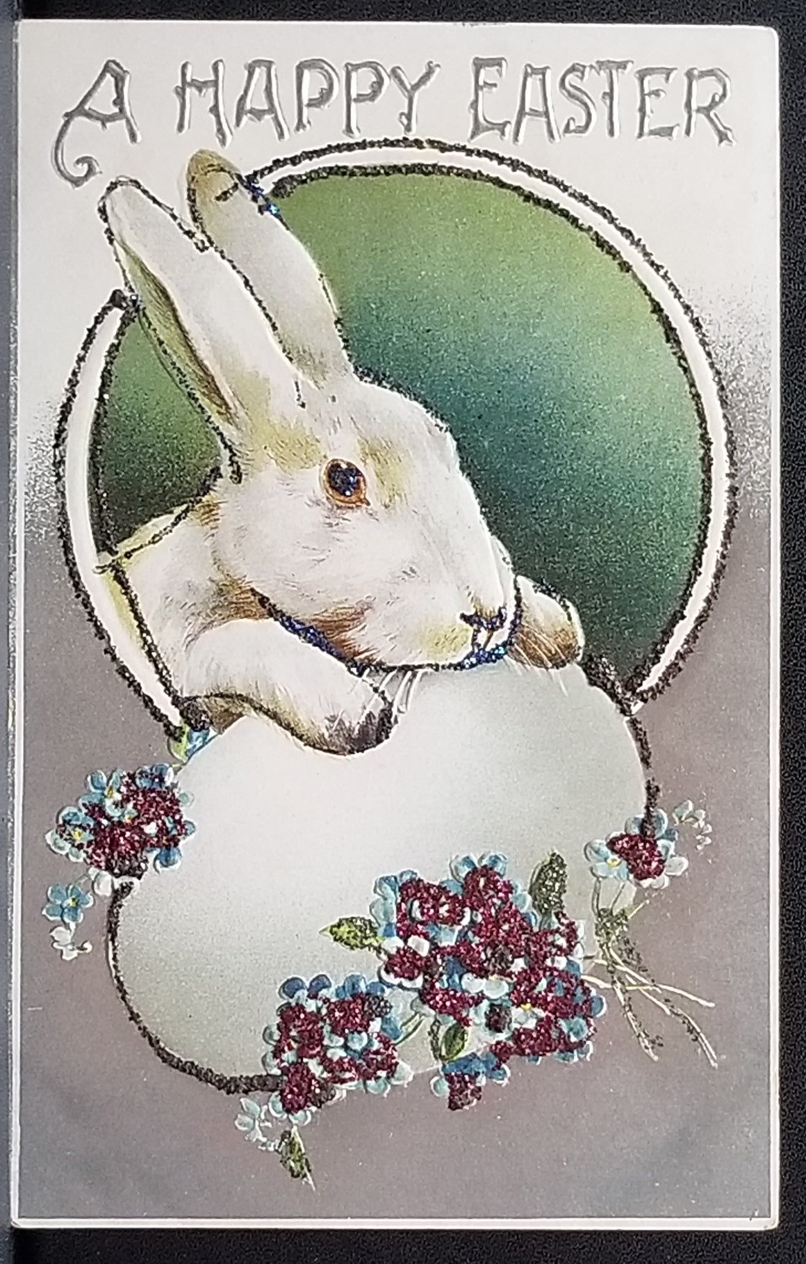 Easter Postcard White Bunny Rabbit with Egg & Flowers Silver Background Series 2503