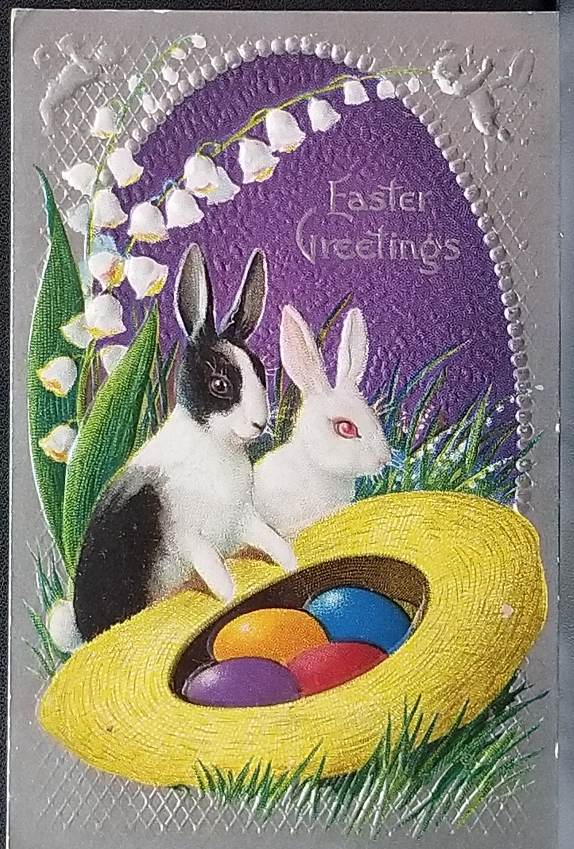 Easter Postcard Bunny Rabbits with Straw Hat Filled with Painted Eggs Silver Background Series 23