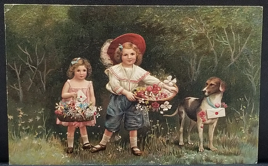 Children Holding Flower Baskets with Large Dog Emerging From Green Forest PFB Pub Germany