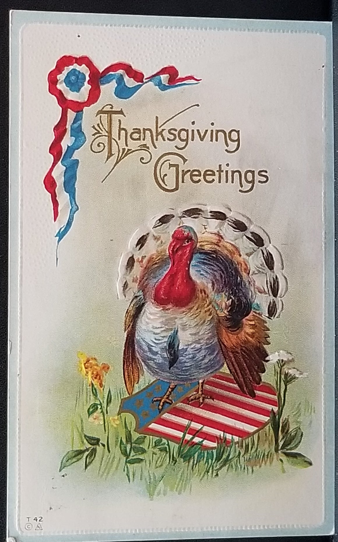 Thanksgiving Postcard Embossed White Turkey with Patriotic American Flag Shield T 42