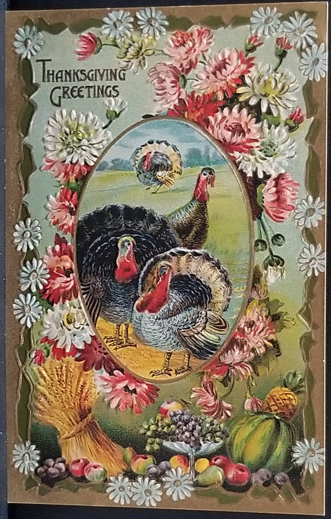 Thanksgiving Postcard Embossed Turkeys Surrounded by Flowers in Landscape Gold Background Series 2278 Gottschalk Pub