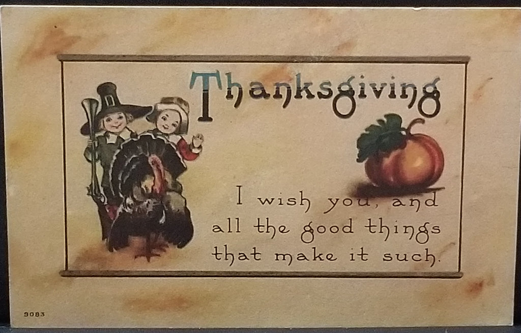 Thanksgiving Postcard Pilgrim and Maiden with Turkey Series 9083