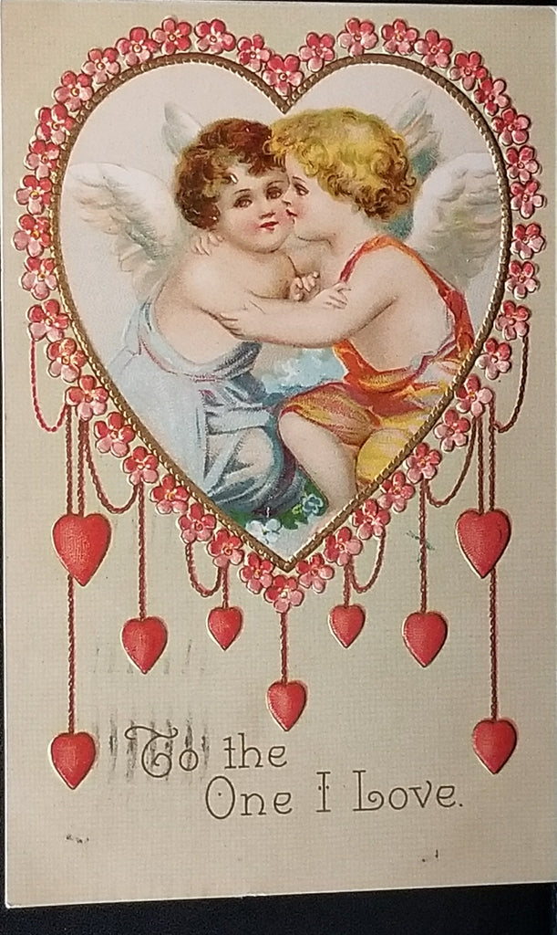 Valentine Postcard Hugging Cupids on Cloud in Embossed Heart