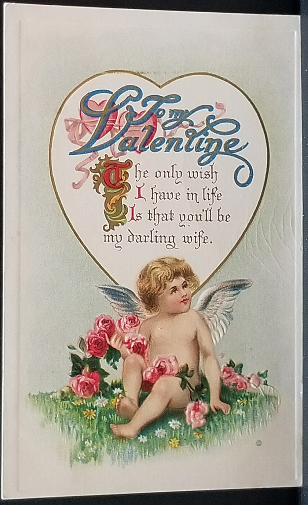 Valentine Postcard Series 3165 JJ Marks Publishing Embossed Cupid Seated Beneath Heart with Poem