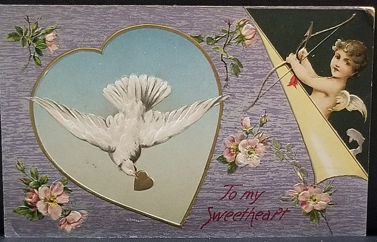 Valentine Postcard Cupid with Arrow Dove Carrying Heart Winsch Publishing