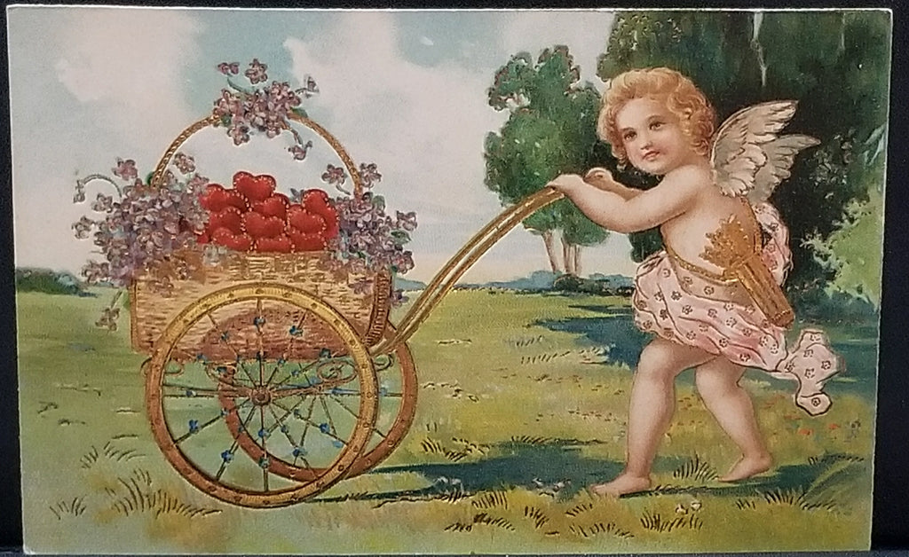 Valentine Postcard Gold Embossed Cupid Pushing Wagon of Hearts PFB Publishing 5888