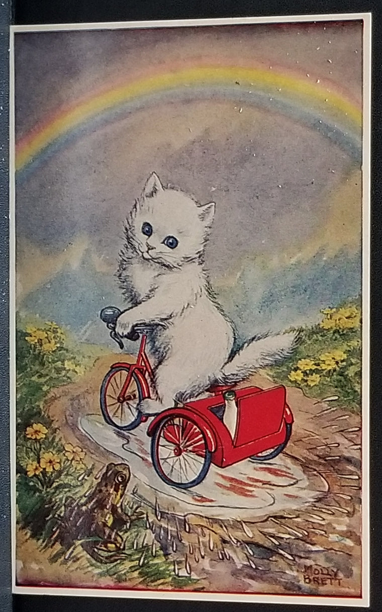 A Splash in a Puddle Artist Molly Brett Anthropomorphic White Kitten Riding Tricycle in Puddle