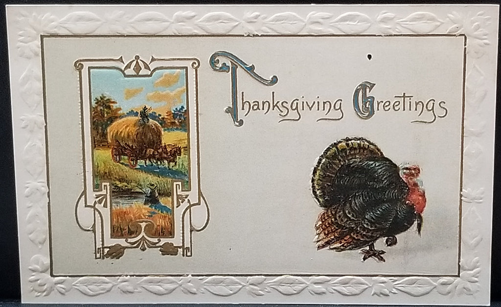 Thanksgiving Postcard Embossed Turkey with Hay Wagon and Boy Fishing Series 928