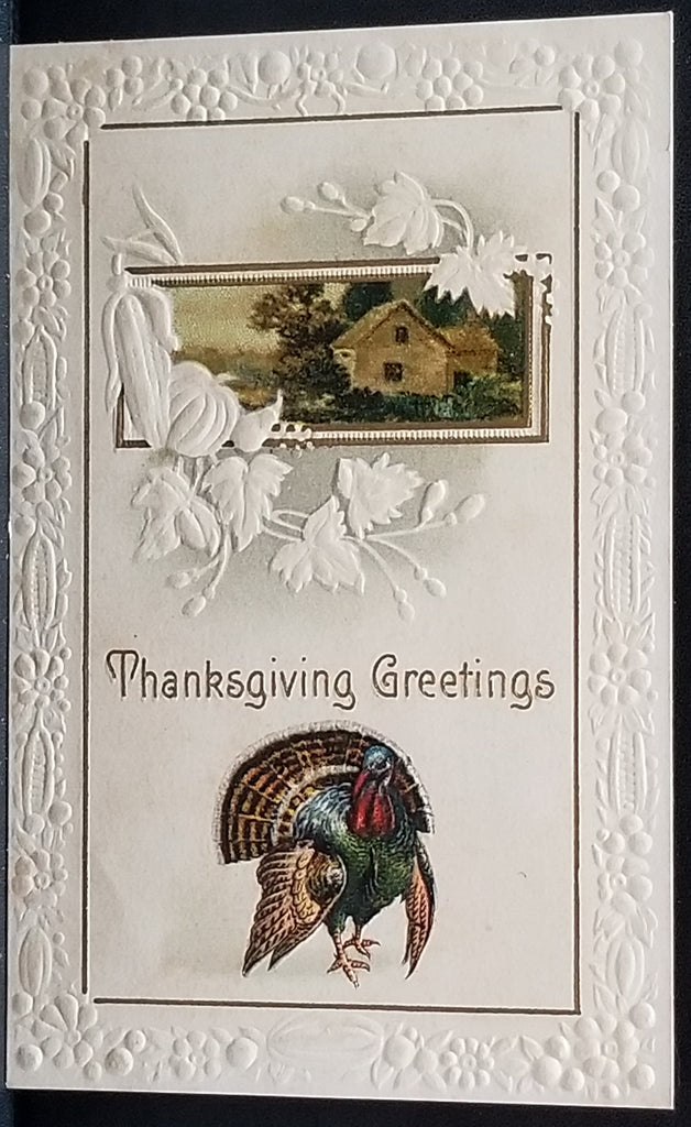Thanksgiving Postcard Embossed Turkey with House and Silhouette of Autumn Leaves & Harvest Series 938