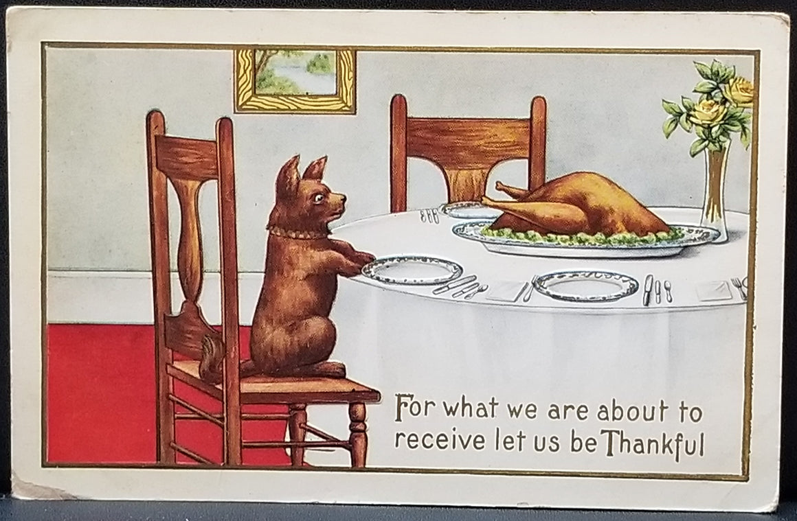 Thanksgiving Postcard Fantasy Comic Card Dog Seated at Dinner Table