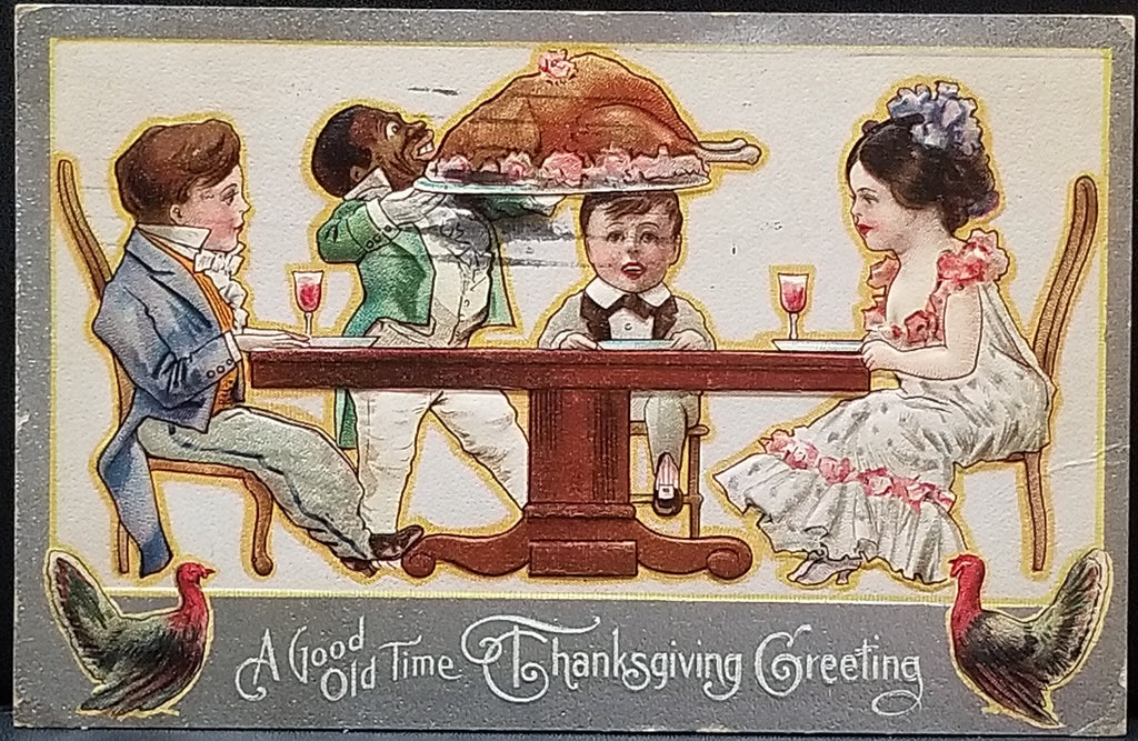 Thanksgiving Postcard Serving Turkey Dinner Series 10 Black Americana Elegant Waiter Serving Table