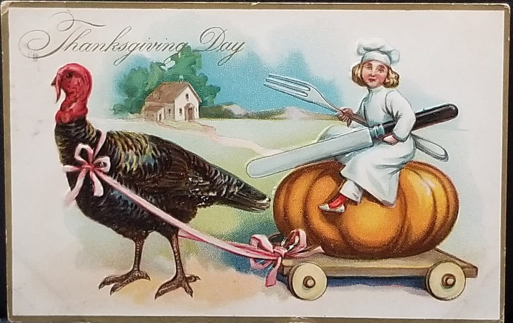 Thanksgiving Postcard Fantasy Card Turkey Pulls Pumpkin Cart with Chef  Artist RJ Wealthy Tuck Publishing Series 123