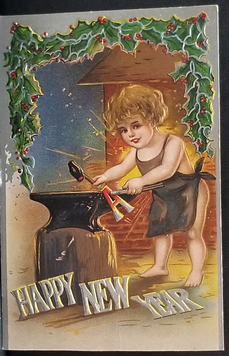 New Year Postcard Baby Time Blacksmith Silver Embossed Background