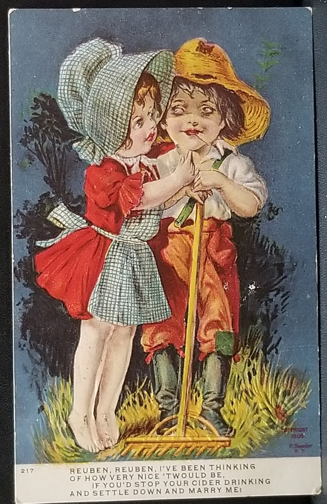 Valentine Postcard Little Girl Kissing Boy Dressed in Farmer Clothes Rueben Rueben I've Been Thinking Poem