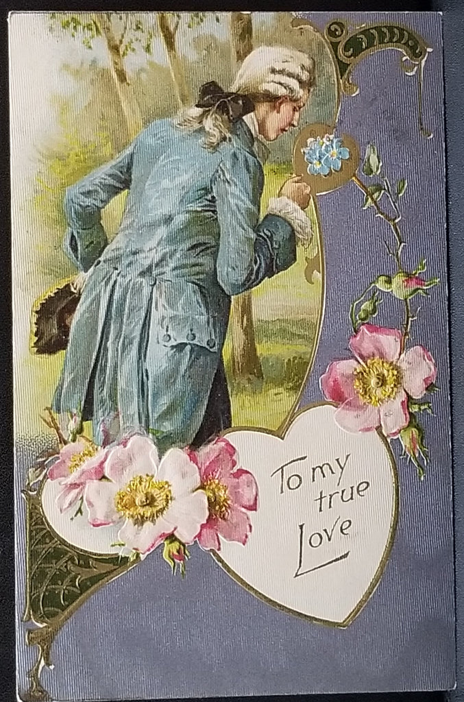 Vintage Valentine Postcard Winsch Publishing Romantic Image Man with Flowers Gold Embossed Textured Background