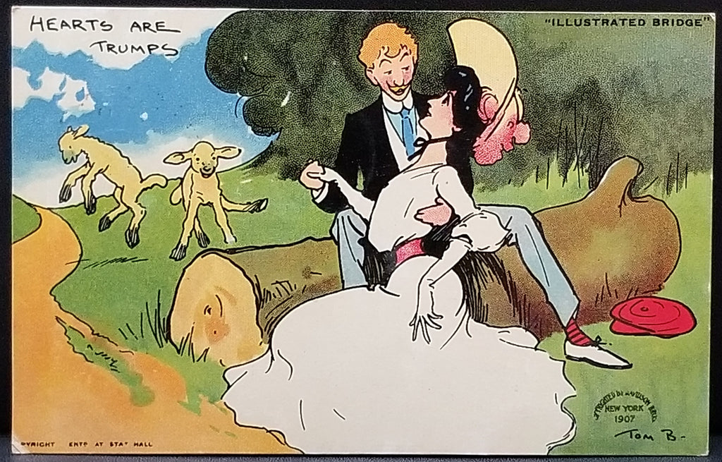 Vintage Valentine Postcard Artist Tom Browne Comic Illustration Hearts are Trumps Couple in Park