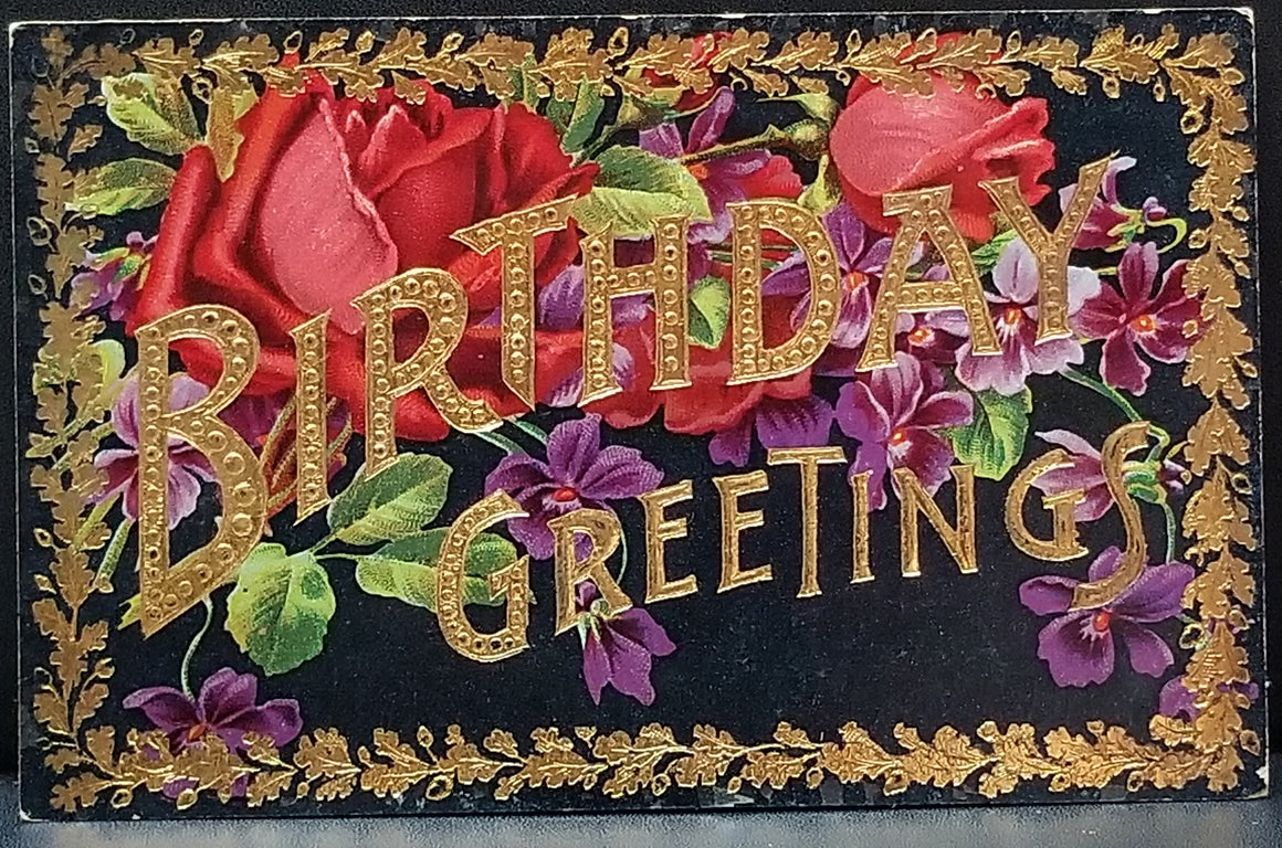 Flower Birthday Greeting Postcard Gold Embossed Red Roses Gel Finish Series 506