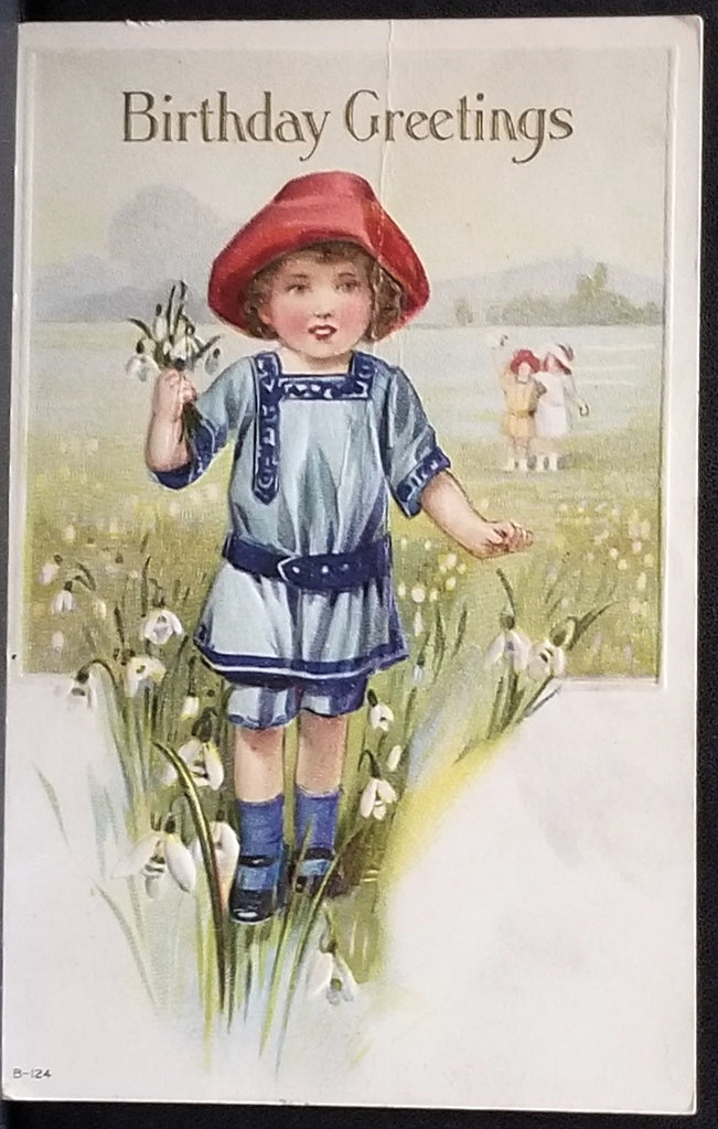 Birthday Postcard Girl Wearing Blue Gathering White Flowers in a Meadow series B-124