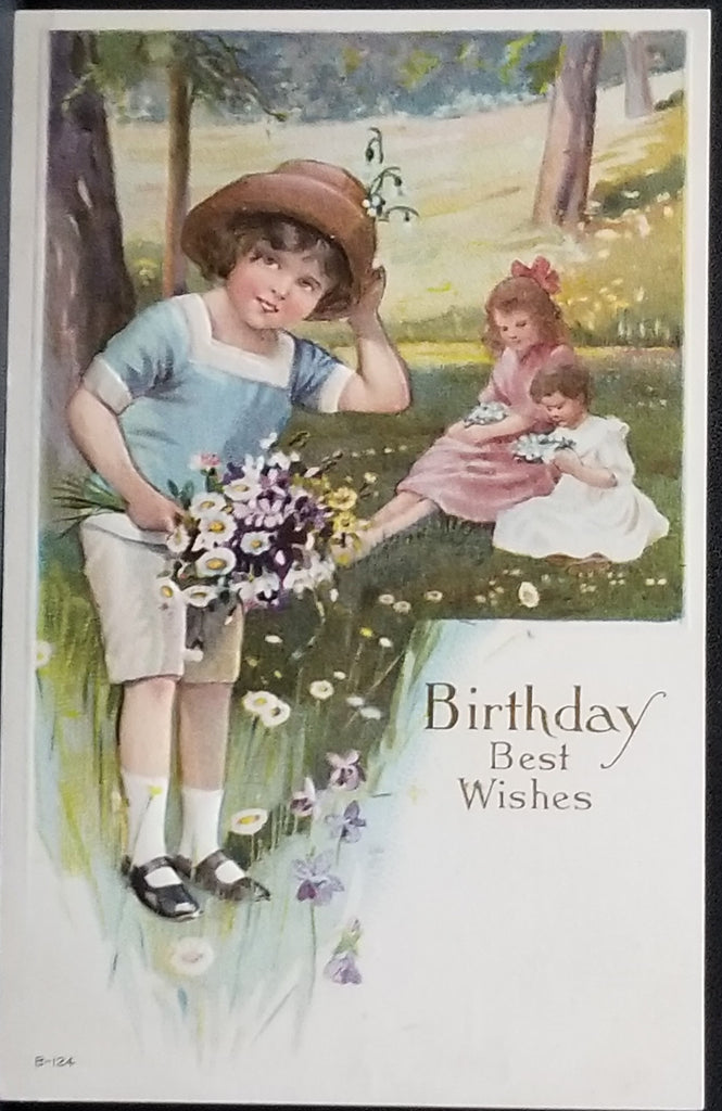 Birthday Postcard Children Gathering Flowers in Meadow Under Tree Nicely Embossed Card