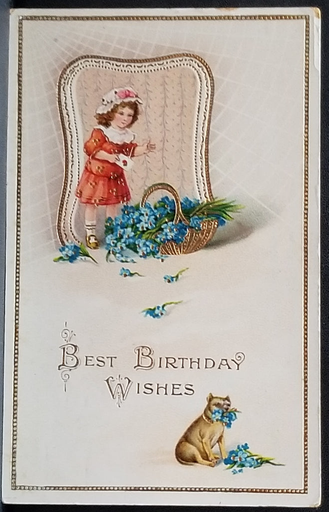 Birthday Postcard Gold Embossed Child with Puppy & Flower Basket