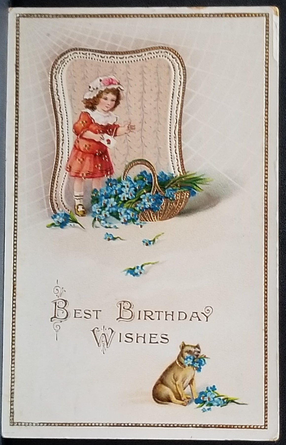 Birthday Postcard Gold Embossed Child with Puppy & Flower Basket