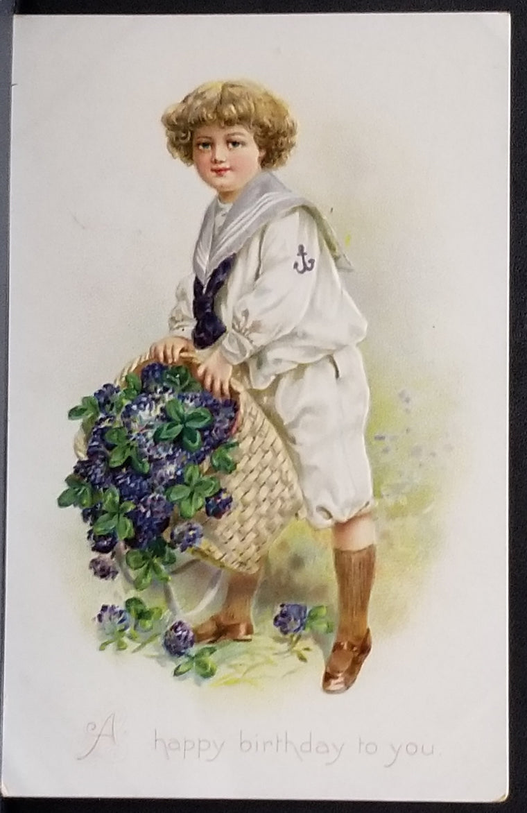 Birthday Postcard Tuck Series 105 Boy in Sailor Suit Holding Basket of Flowers