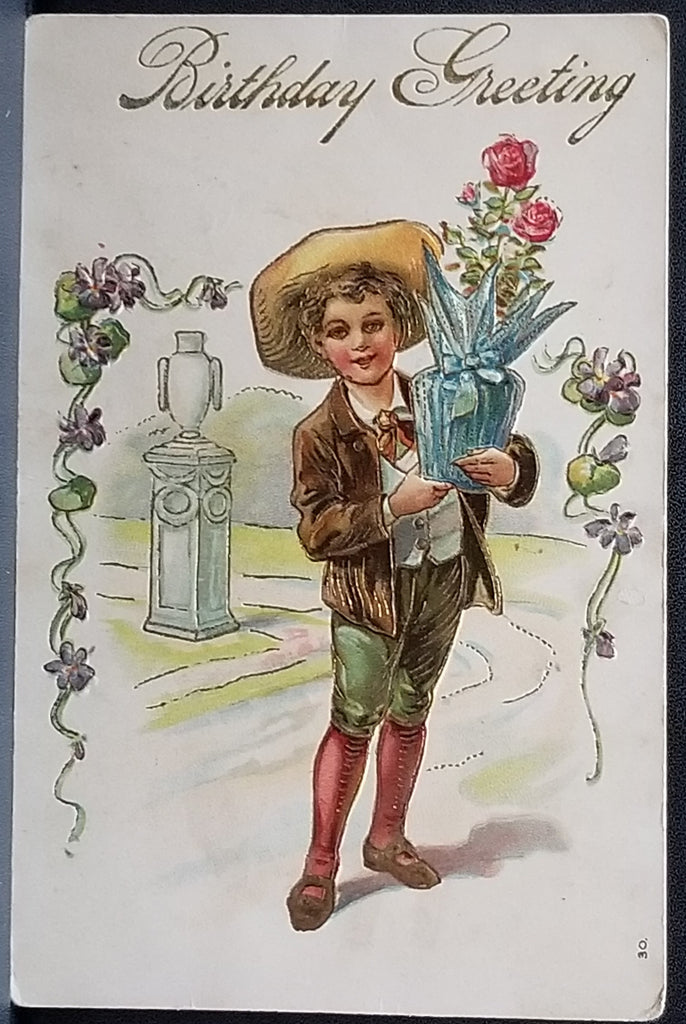 Birthday Postcard Young Boy Holding Flower Plant Gold Embossed German Card