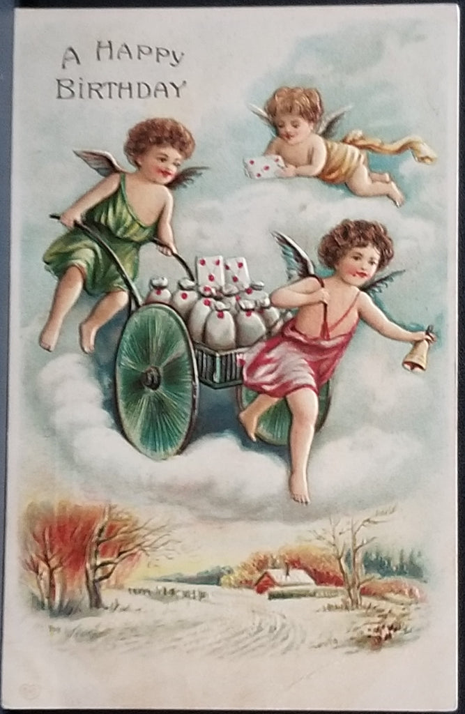 Birthday Postcard Flying Cherubs Delivering Letters on Wagon Through Clouds EAS Pub