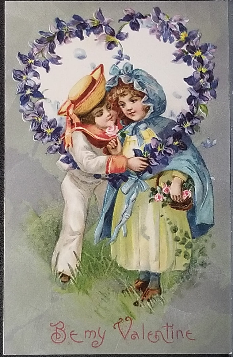 Valentine Postcard Boy & Girl in Purple Flower Heart Silver Background John Winsch Publishing
