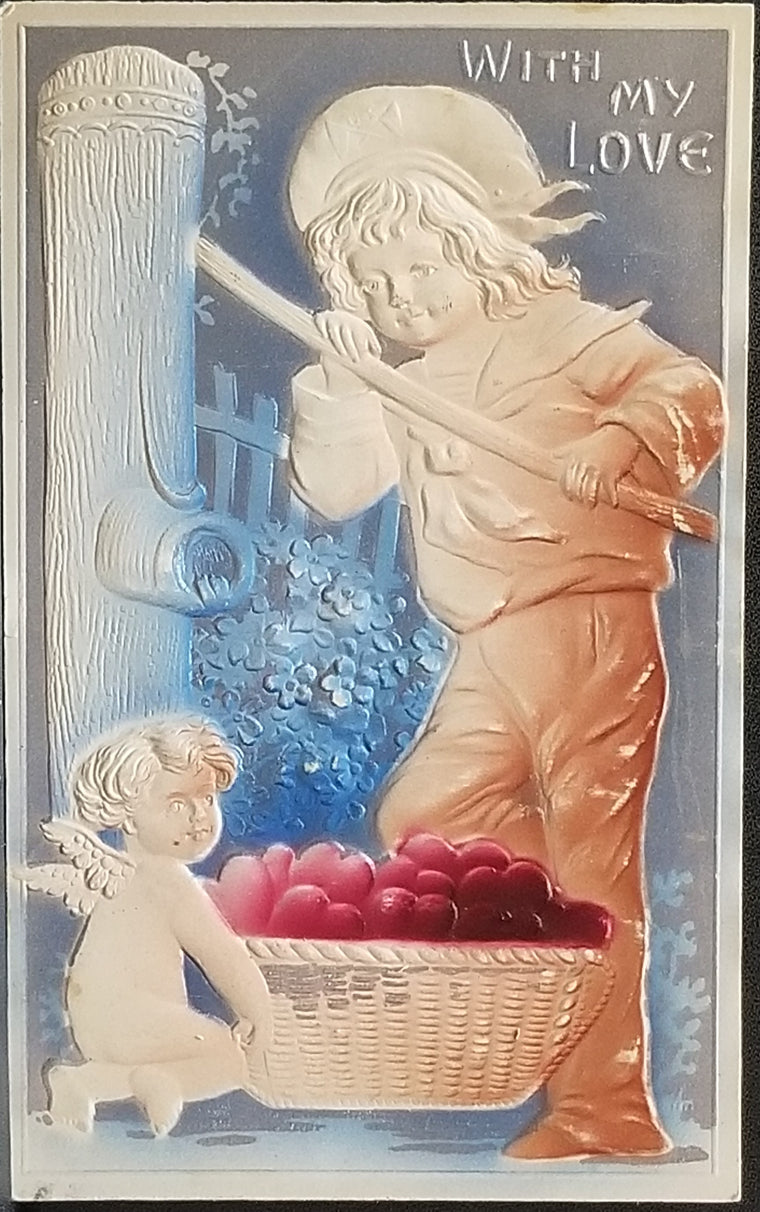 Valentine Postcard Cupid & Boy in Sailor Suit Pumping Well with Hearts Airbrush Embossed Card