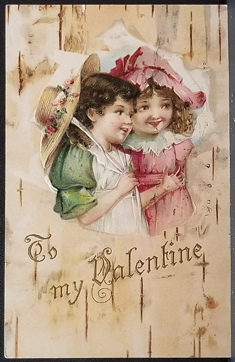 Valentine Postcard Two Little Girls Wooden Wall