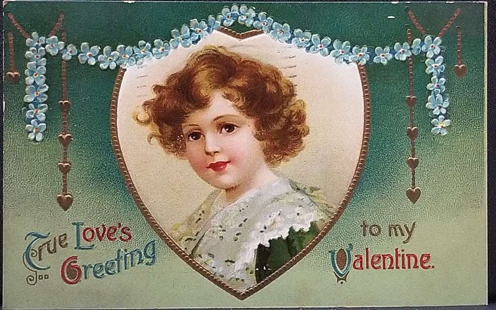 Valentine Postcard Child Portrait in Heart Gold Embossed Accents Green Background Germany
